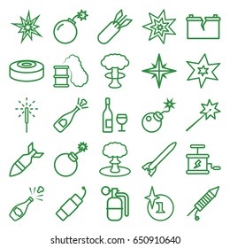 Explosion icons set. set of 25 explosion outline icons such as bomb, sparkler, fireworks, firework, broken battery, rocket bomb, dynamite, smoke bomb, smoking can