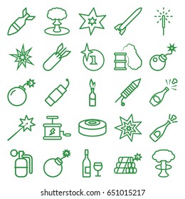 Explosion icons set. set of 25 explosion outline icons such as bomb, sparkler, fireworks, firework, rocket bomb, dynamite, smoke bomb, smoking can, opened champagne