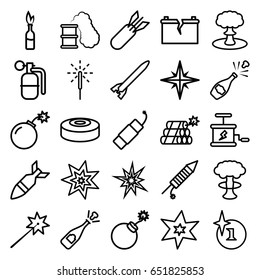 Explosion icons set. set of 25 explosion outline icons such as sparkler, fireworks, firework, broken battery, bomb, rocket bomb, dynamite, smoke bomb, smoking can