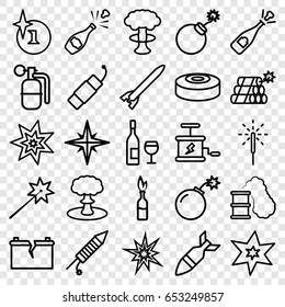 Explosion icons set. set of 25 explosion outline icons such as sparkler, fireworks, firework, broken battery, bomb, rocket bomb, dynamite, smoke bomb, smoking can