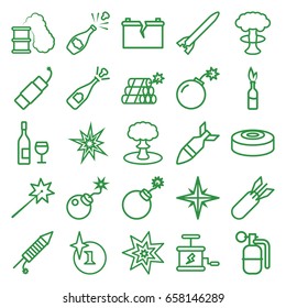 Explosion icons set. set of 25 explosion outline icons such as bomb, fireworks, firework, broken battery, rocket bomb, dynamite, smoke bomb, smoking can, opened champagne