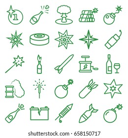 Explosion icons set. set of 25 explosion outline icons such as explosion, bomb, sparkler, fireworks, firework, broken battery, rocket bomb, dynamite, smoke bomb, smoking can