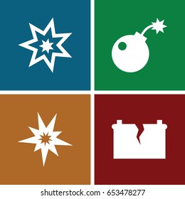 Explosion icons set. set of 4 explosion filled icons such as broken battery, bomb, explosion