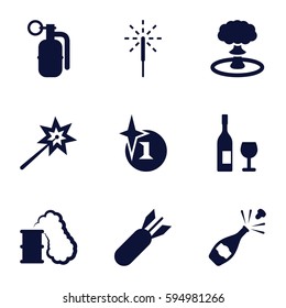 explosion icons set. Set of 9 explosion filled icons such as explosion, sparkler, rocket bomb, dynamite, smoking can, wine glass and bottle, champagne