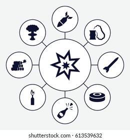 Explosion icons set. set of 9 explosion filled icons such as rocket bomb, dynamite, smoke bomb, smoking can