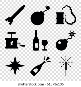 Explosion icons set. set of 9 explosion filled icons such as explosion, opened champagne, bomb, sparkler, dynamite, smoking can, rocket bomb