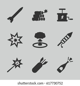 Explosion icons set. set of 9 explosion filled icons such as opened champagne, fireworks, rocket bomb, dynamite, explosion
