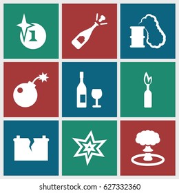Explosion icons set. set of 9 explosion filled icons such as explosion, opened champagne, broken battery, bomb, smoking can, dynamite
