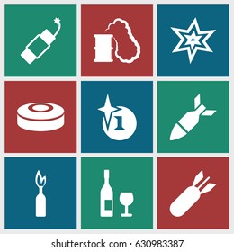 Explosion icons set. set of 9 explosion filled icons such as explosion, firework, rocket bomb, smoke bomb, smoking can, dynamite