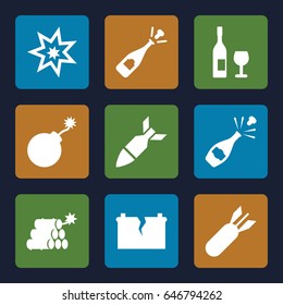 Explosion icons set. set of 9 explosion filled icons such as explosion, opened champagne, broken battery, rocket bomb, dynamite, wine glass and bottle
