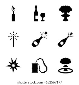 Explosion icons set. set of 9 explosion filled icons such as opened champagne, sparkler, smoking can, dynamite, wine glass and bottle, champagne