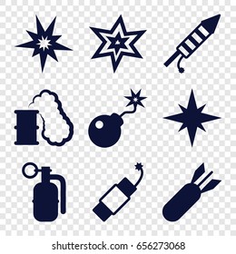 Explosion icons set. set of 9 explosion filled icons such as explosion, bomb, fireworks, firework, rocket bomb, dynamite, smoking can