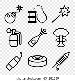 Explosion icons set. set of 9 explosion outline icons such as bomb, fireworks, firework, dynamite, smoke bomb, smoking can, opened champagne, nuclear explosion