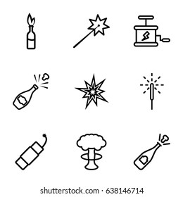 Explosion icons set. set of 9 explosion outline icons such as sparkler, firework, dynamite, opened champagne, champagne, explode, nuclear explosion