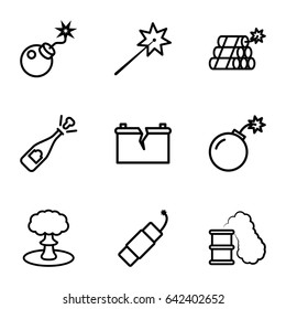 Explosion icons set. set of 9 explosion outline icons such as bomb, firework, broken battery, dynamite, explosion, smoking can, opened champagne