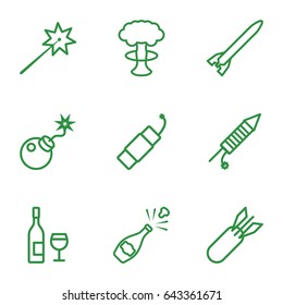 Explosion icons set. set of 9 explosion outline icons such as bomb, fireworks, firework, rocket bomb, wine glass and bottle, champagne, nuclear explosion