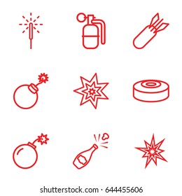 Explosion icons set. set of 9 explosion outline icons such as explosion, sparkler, bomb, rocket bomb, dynamite, smoke bomb, champagne