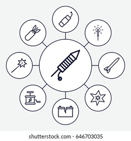 Explosion icons set. set of 9 explosion outline icons such as explosion, sparkler, fireworks, firework, broken battery, rocket bomb, dynamite