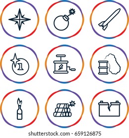 Explosion icons set. set of 9 explosion outline icons such as explosion, broken battery, dynamite, smoking can