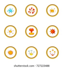 Explosion icons set. Cartoon style set of 9 explosion vector icons for web design