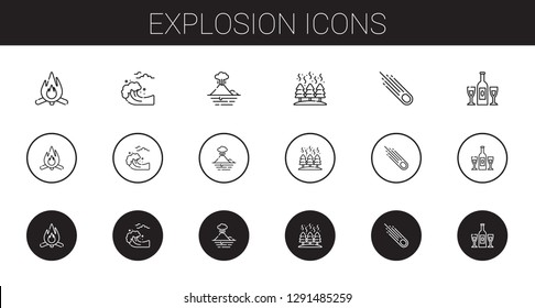 explosion icons set. Collection of explosion with bonfire, tsunami, volcano, fire, asteroid, champagne. Editable and scalable explosion icons.