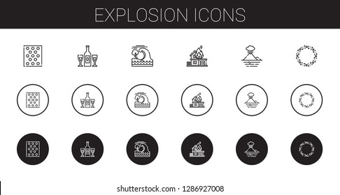 explosion icons set. Collection of explosion with bubble warp, champagne, tsunami, fire, volcano, asteroid. Editable and scalable explosion icons.