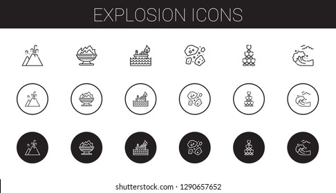explosion icons set. Collection of explosion with eruption, fire, asteroids, champagne, tsunami. Editable and scalable explosion icons.
