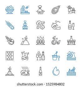 explosion icons set. Collection of explosion with fire, champagne, tsunami, volcano, bonfire, bubble warp, meteorite, eruption, asteroid. Editable and scalable explosion icons.