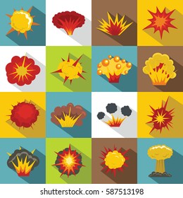 Explosion icons set. Flat illustration of 16 explosion vector icons for web