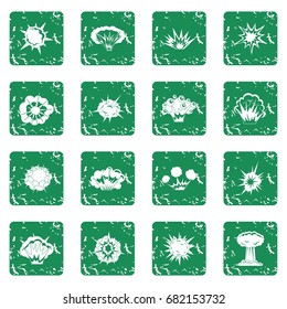 Explosion icons set in grunge style green isolated vector illustration