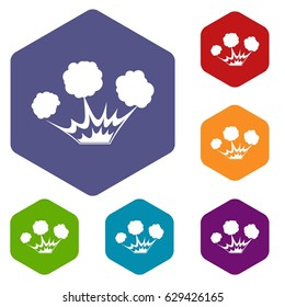 Explosion icons set hexagon isolated vector illustration