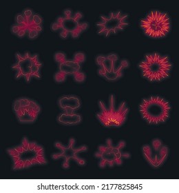 Conjunto de iconos de explosión. Ilustración de 16 iconos vectoriales de explosión color neón en negro