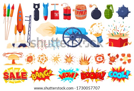 Explosion icons set isolated on white, cartoon blast, bomb and firework stickers, vector illustration. Firing cannon, rocket launch, dynamite, exploding light bulb and fire cracker. Explode collection