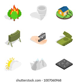 Explosion icons set. Isometric set of 9 explosion vector icons for web isolated on white background