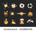 Explosion icons set on black background. Cartoon comic boom effects.