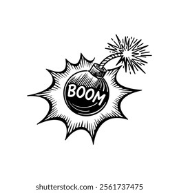 Explosion illustration featuring a cartoon bomb with a lit fuse and the word boom
