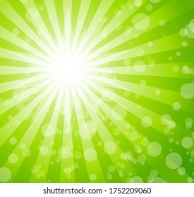 Explosion of light with shiny light dots, striking abstract background in shades of green. vector illustration