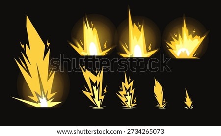 An explosion or lightning strike effect. Animation of the effect. Frame-by-frame comic animation with an explosion effect, divided into separate scenes designed as a drawing.