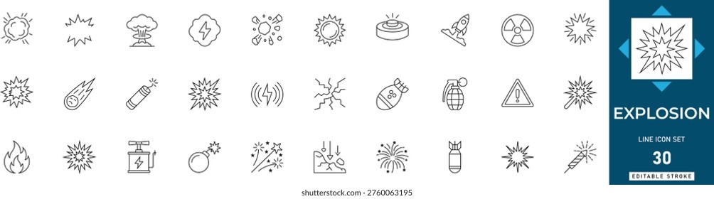 Conjunto de iconos de línea de explosión con bomba, explosión, impacto, fuego, humo, explosión y choque. Profesional de Ilustración vectorial editable.