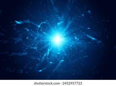 An explosion of magic with sparkles and light effects. Vector illustration of a mystical energy burst radiating from a central point on a dark background.