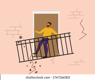 explosion, a man falls from the balcony. Natural disaster, earthquake and the destruction of houses. vector flat style stock