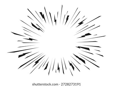 Explosion Manga Black White Frame. Pop Art Radial Lightning Rays, Thunder Bolts, Sharp Speed Lines. Minimal Retro Circular Burst Dynamic Effect. Powerful Expressive Comic Border. Vector Illustration