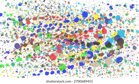 Explosão de manchas de tinta multicoloridas e gotas em um fundo branco. Arte vetorial abstrata.