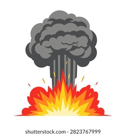 Explosion with mushroom cloud and fiery blast on white background.