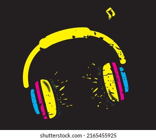 Explosion music headset graffiti, color vector illustration