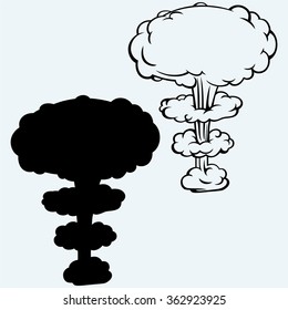 Explosion nuclear bomb. Isolated on blue background. Vector silhouettes