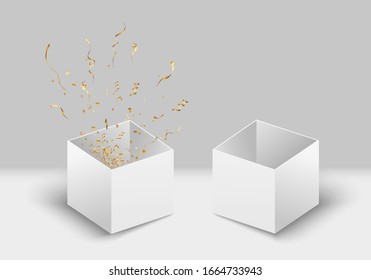 Explosión fuera de la caja. Caramelos dorados. Una brillante explosión fuera de la caja en vacaciones. cumpleaños.Vacaciones.	