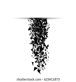 Explosion of particles, glass fragments emanating from a cut sheet of paper. Paper art exploted splinters on the white background