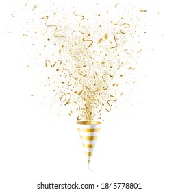 explosion party popper with gold confetti on a white background