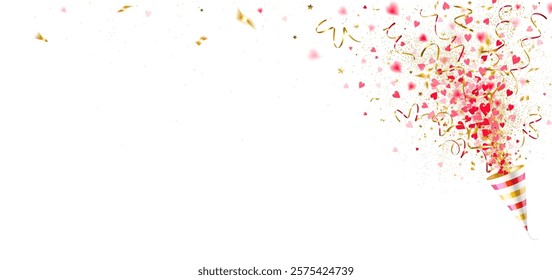 explosion party popper with red hearts and golden confetti  on white horizontal background